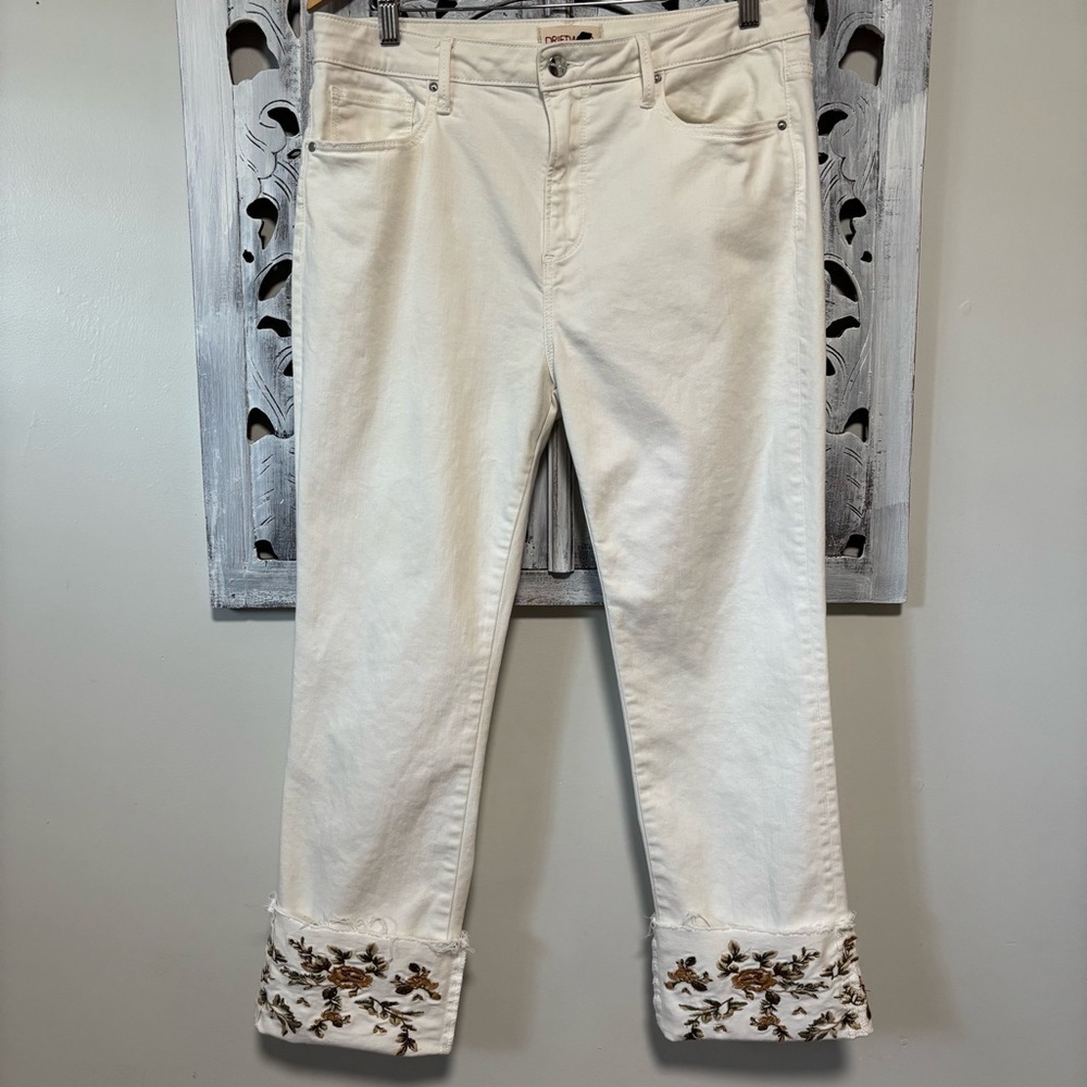 DRIFTWOOD Collette High Rise White Stretch Denim Brown Floral Cuff Crop   Jeans